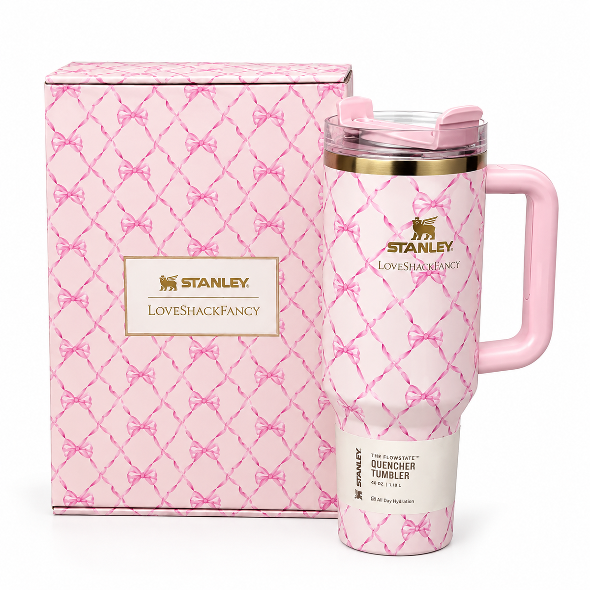 Stanley x LoveShackFancy Quencher H2.0 FlowState Tumbler 40oz | Pink Floral Bow Design