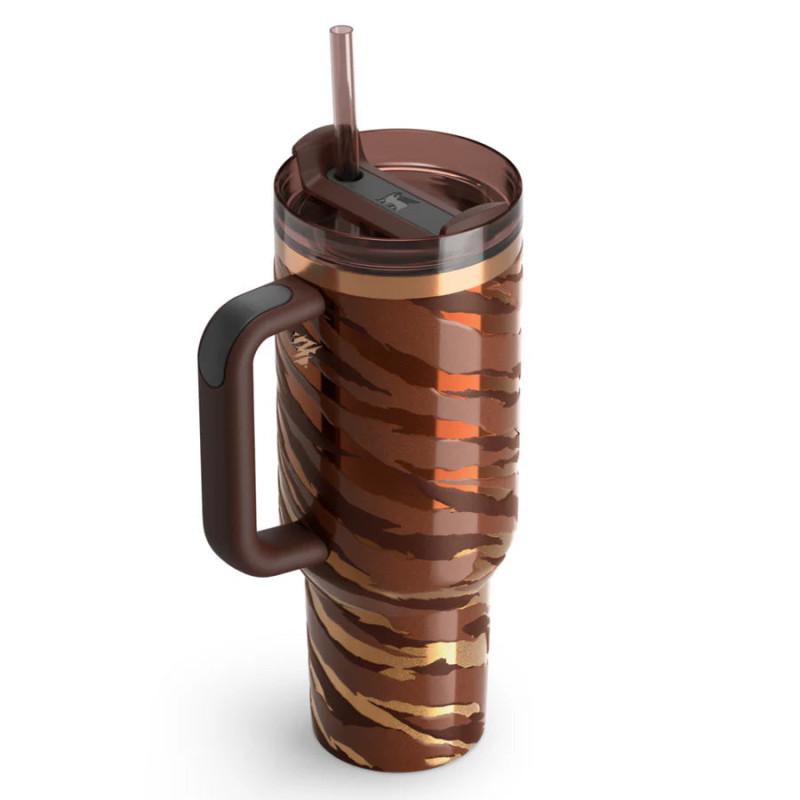 Stanley Insulated Tumbler with Handle, Lid & Straw – Brown/Copper Pattern