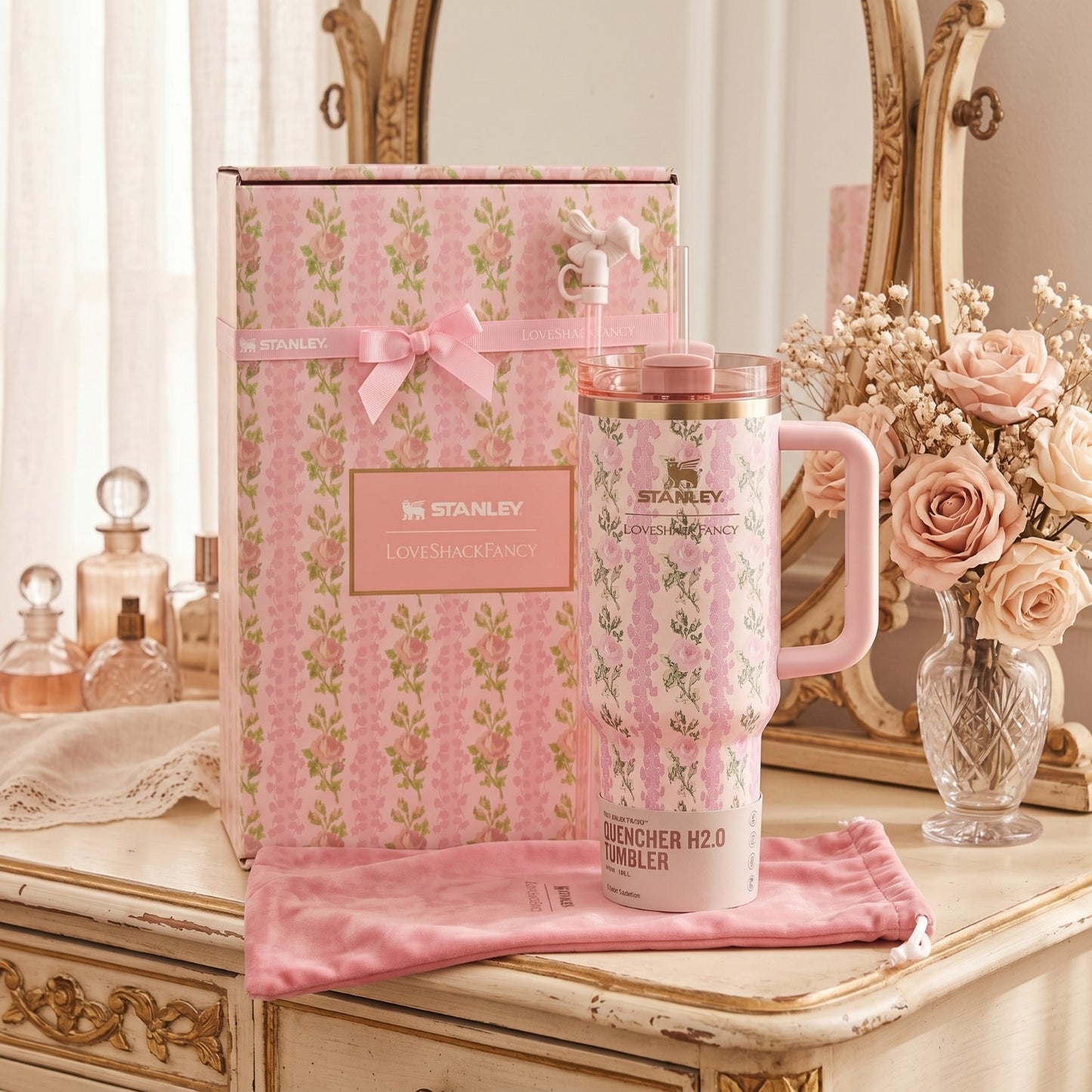 Stanley Floral Pink Quencher H2.0 FlowState Tumbler 40 oz