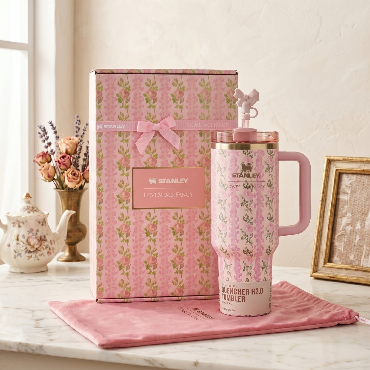 Stanley Floral Pink Quencher H2.0 FlowState Tumbler 40 oz