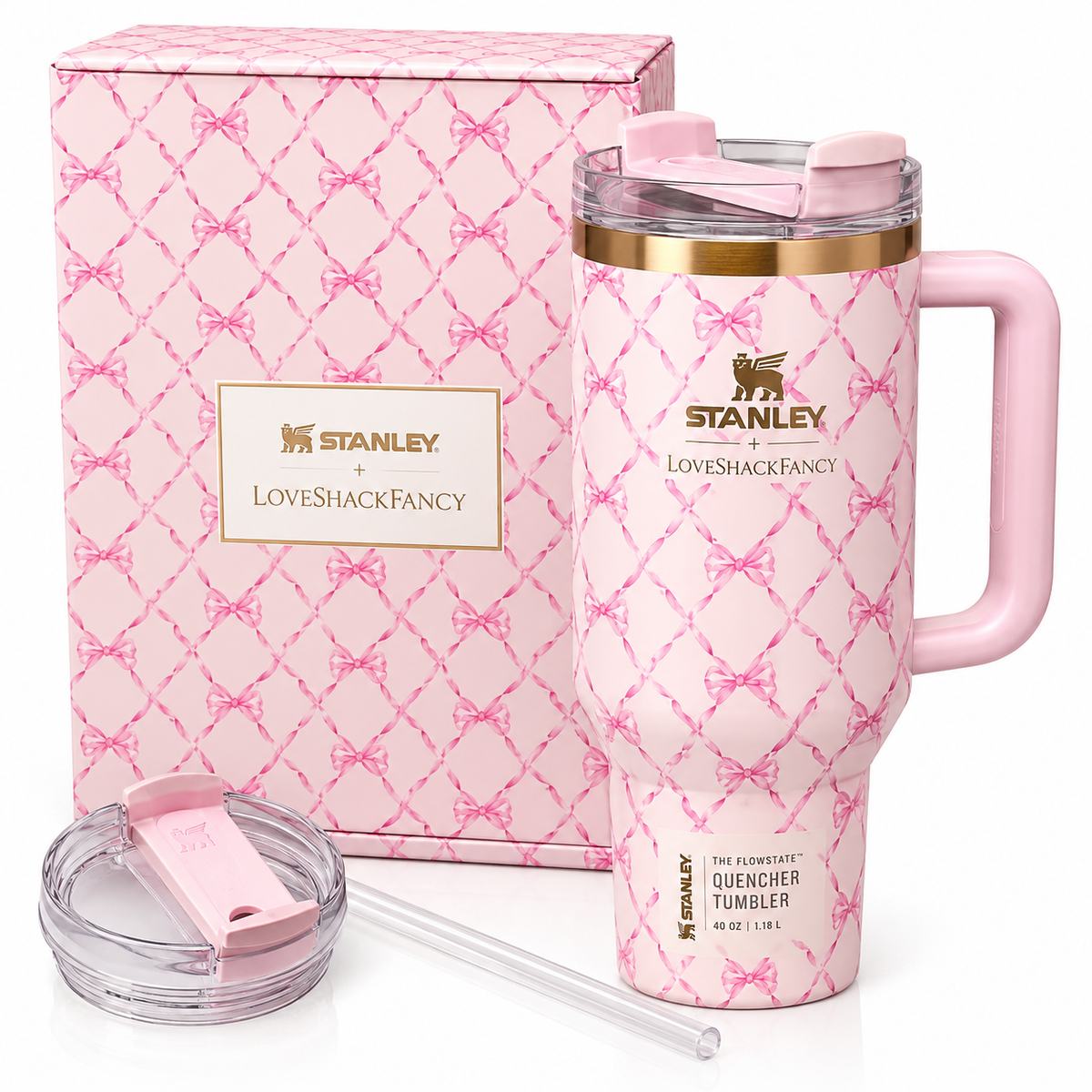 Stanley x LoveShackFancy 40oz pink floral Quencher tumbler with gift box