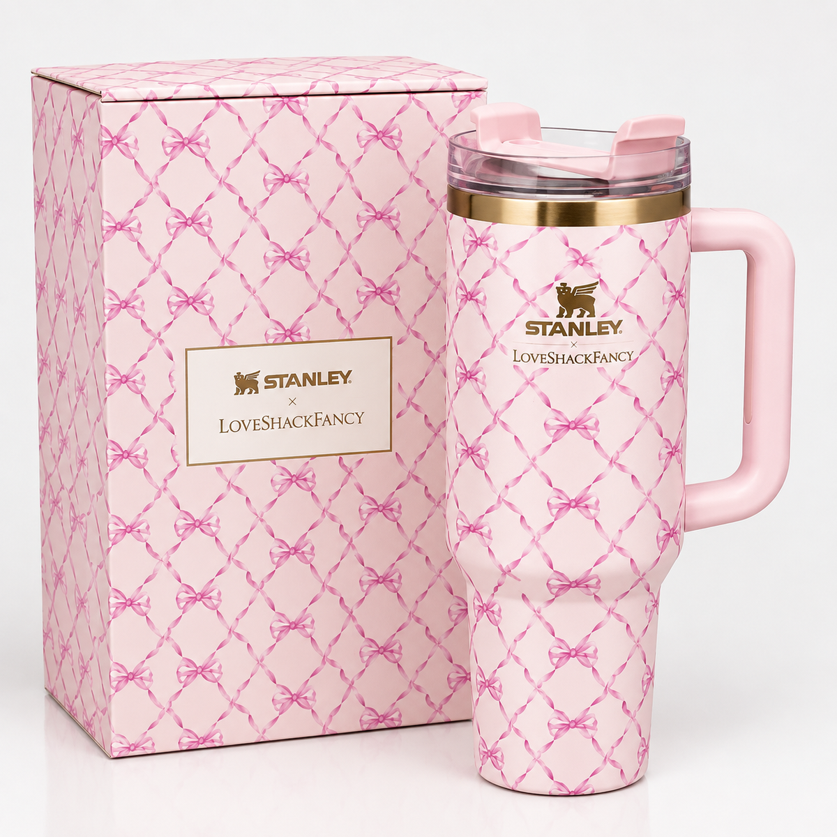 Stanley x LoveShackFancy Quencher H2.0 FlowState Tumbler 40oz | Pink Floral Bow Design
