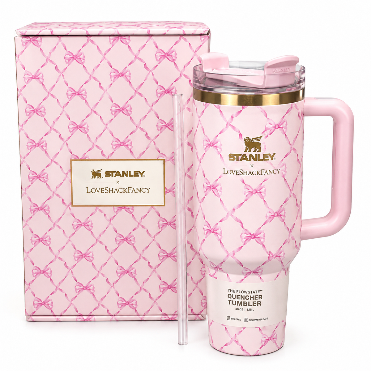 Stanley x LoveShackFancy Quencher H2.0 FlowState Tumbler 40oz | Pink Floral Bow Design