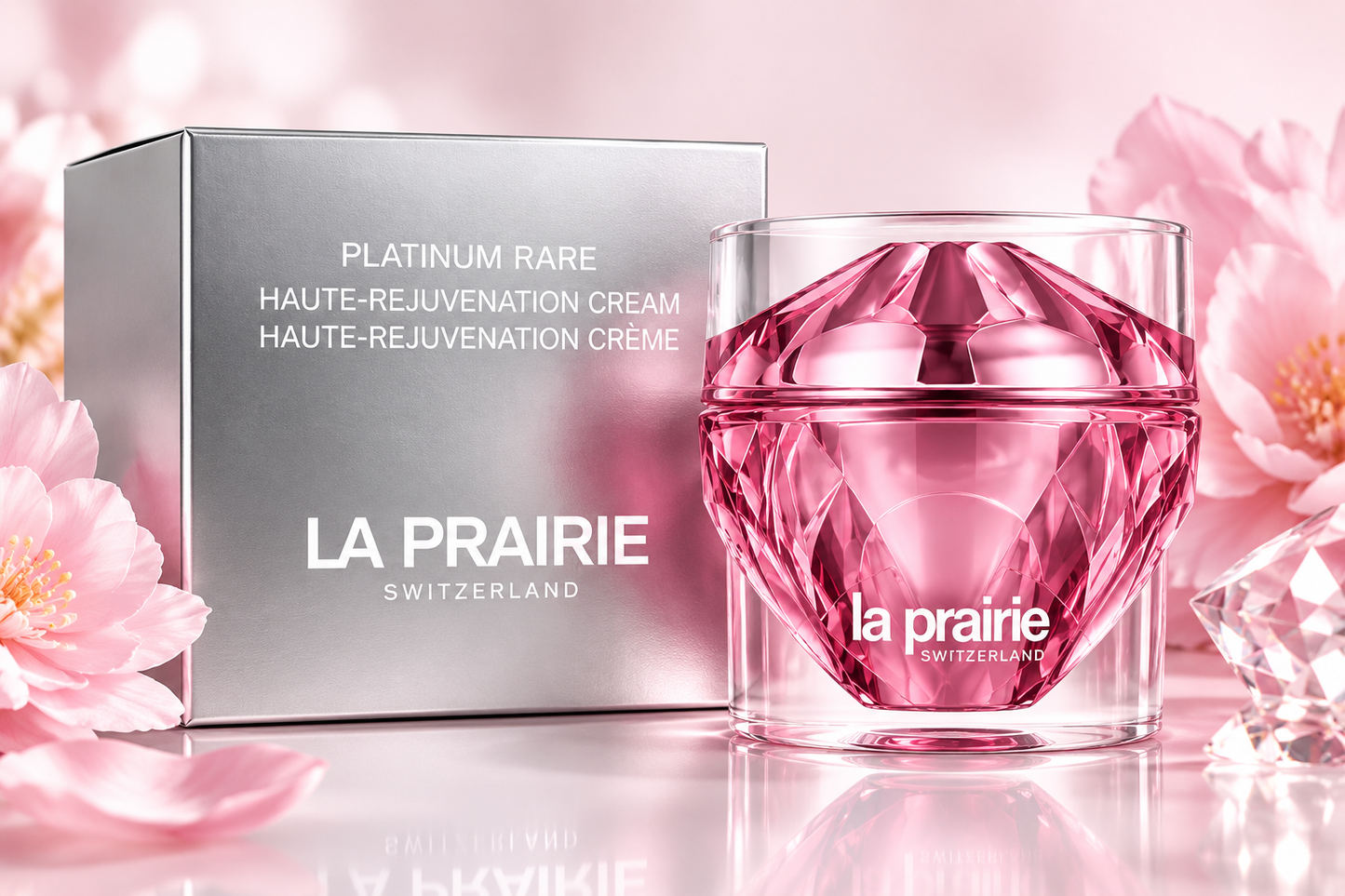 La Prairie Platinum Rare Haute-Rejuvenation Cream pink jar and silver box