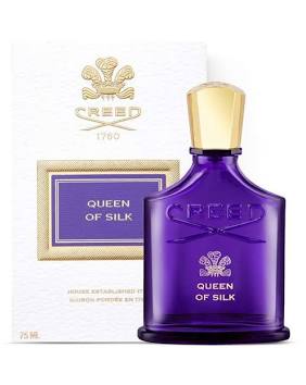Creed Queen of Silk Eau de Parfum bottle in deep purple glass with a gold cap, shown next to its white and gold packaging box.